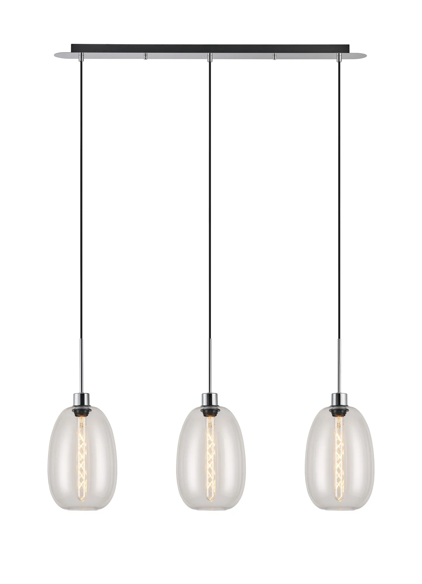 DK1301  Lori Linear Pendant, 3 Light Adjustable E27, Polished Chrome/Clear Slim Curved Trapezium Shades